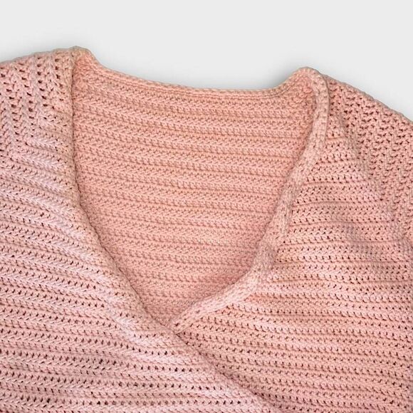 Handmade Womens Sweater Sz XL Pink Salmon Cropped Short Wrap Tie Swiftie Crochet - Picture 5 of 10